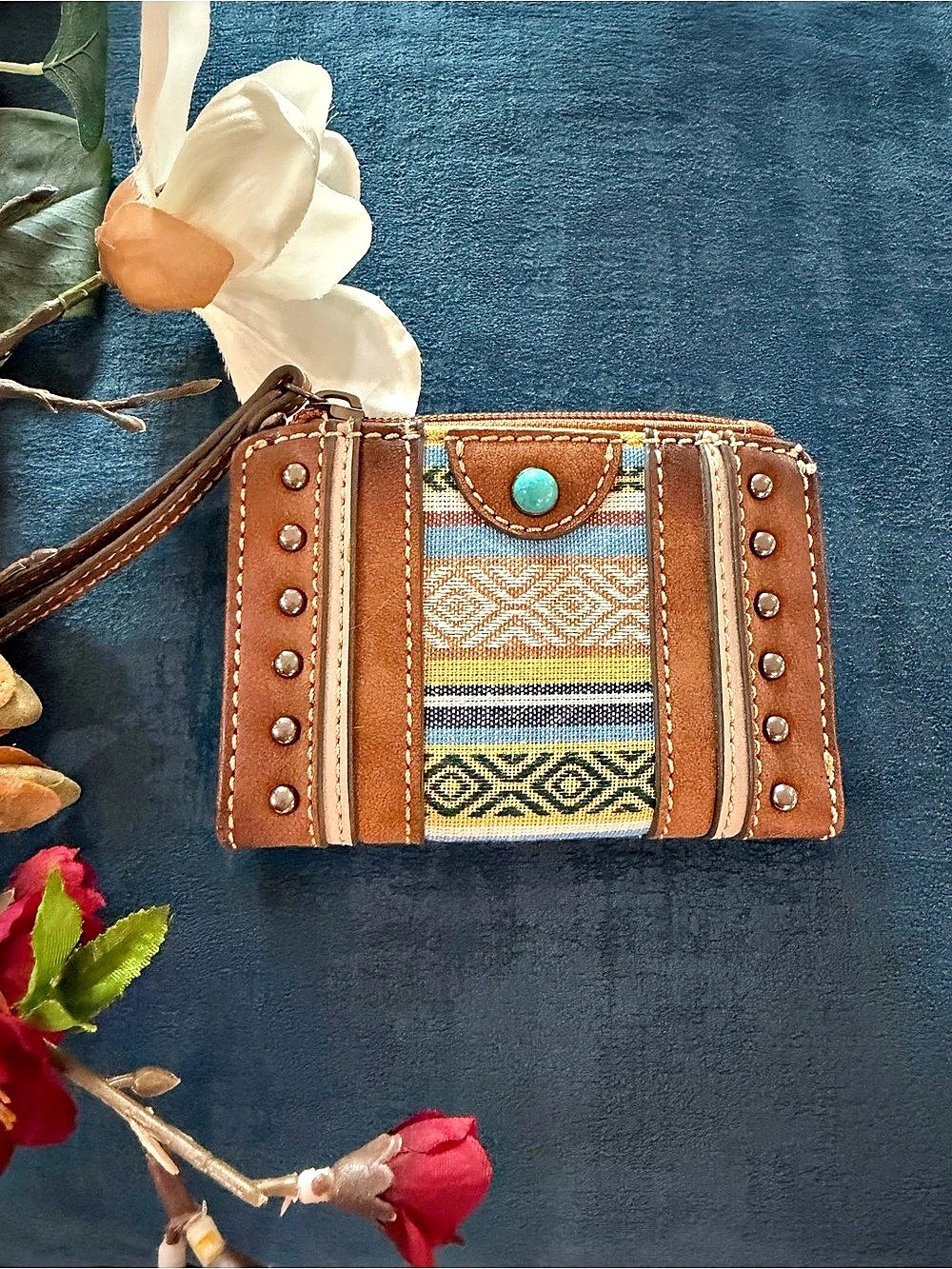 Tony Lama Bohemian Leather Brown & Turquoise Blue Wristlet Wallet